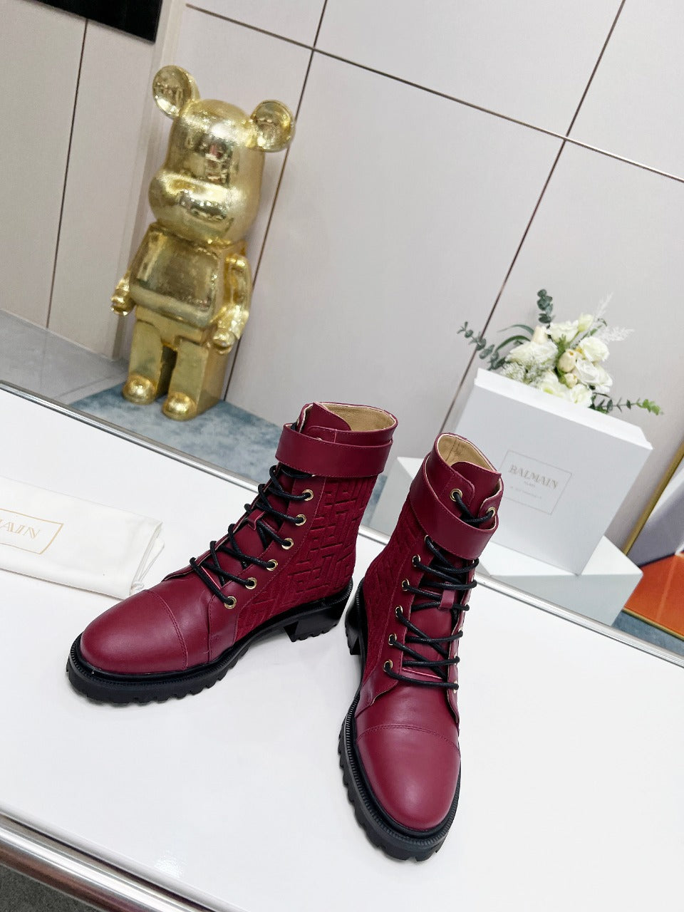BALMAIN 26S BOOTS IN DARK RED CALFSKIN AND SUEDE