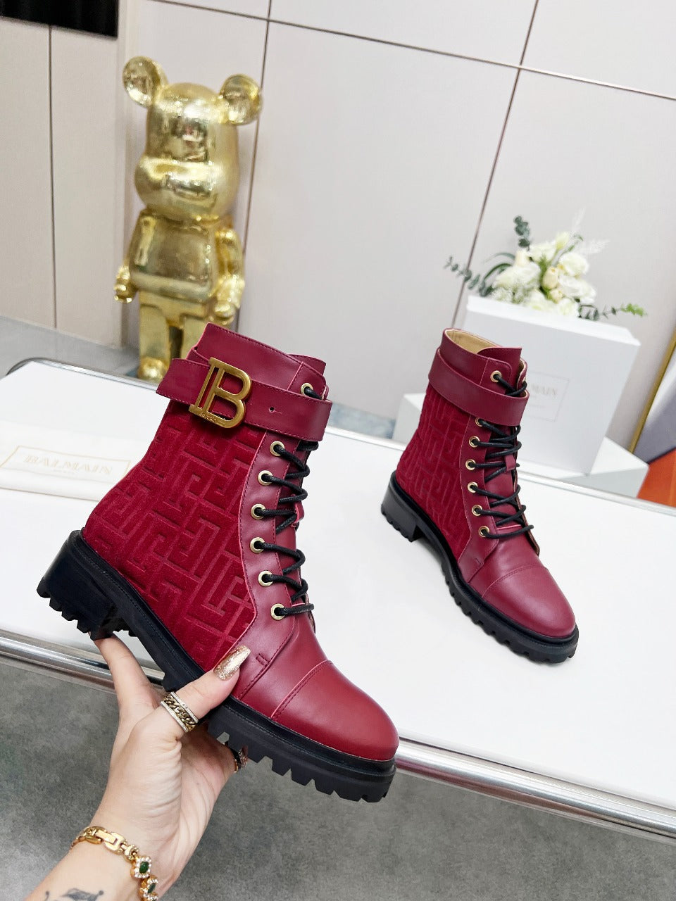 BALMAIN 26S BOOTS IN DARK RED CALFSKIN AND SUEDE