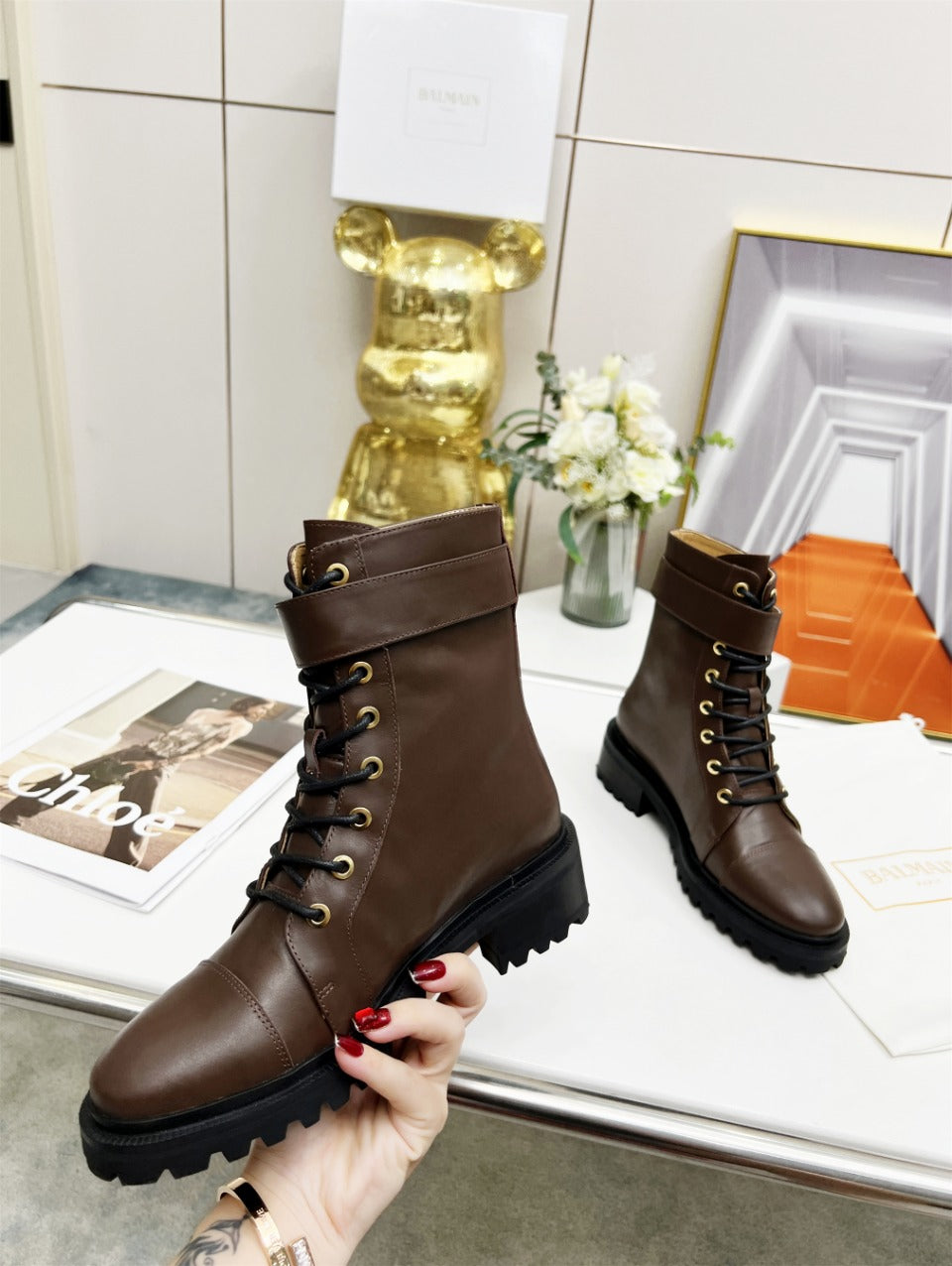 BALMAIN 26S BOOTS IN DARK BROWN CALFSKIN