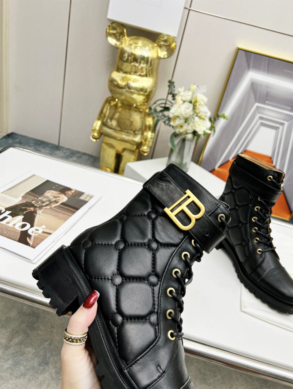 BALMAIN 26S COMBAT BOOTS IN BLACK CALFSKIN