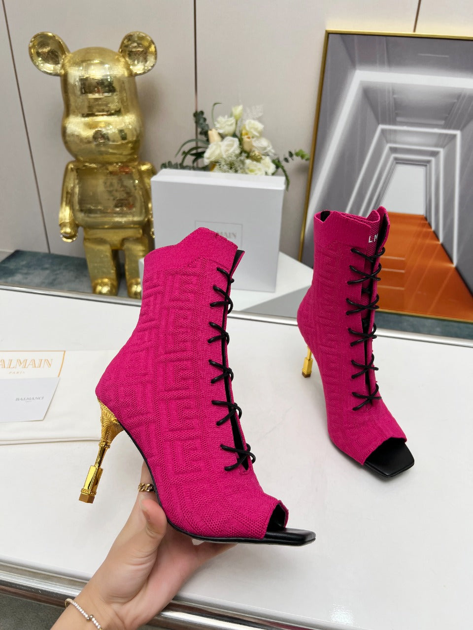 BALMAIN 26S LACE UP OPEN TOE BOOTS 95 MM IN PINK FLYKNIT
