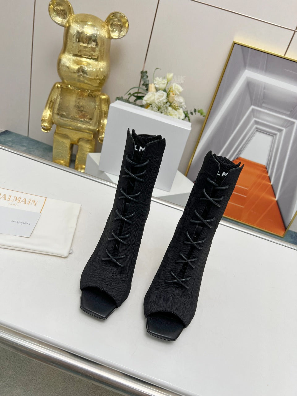 BALMAIN 26S LACE UP OPEN TOE BOOTS 95 MM IN BLACK FLYKNIT
