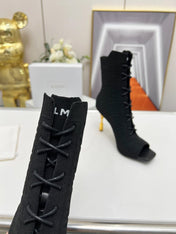 BALMAIN 26S LACE UP OPEN TOE BOOTS 95 MM IN BLACK FLYKNIT