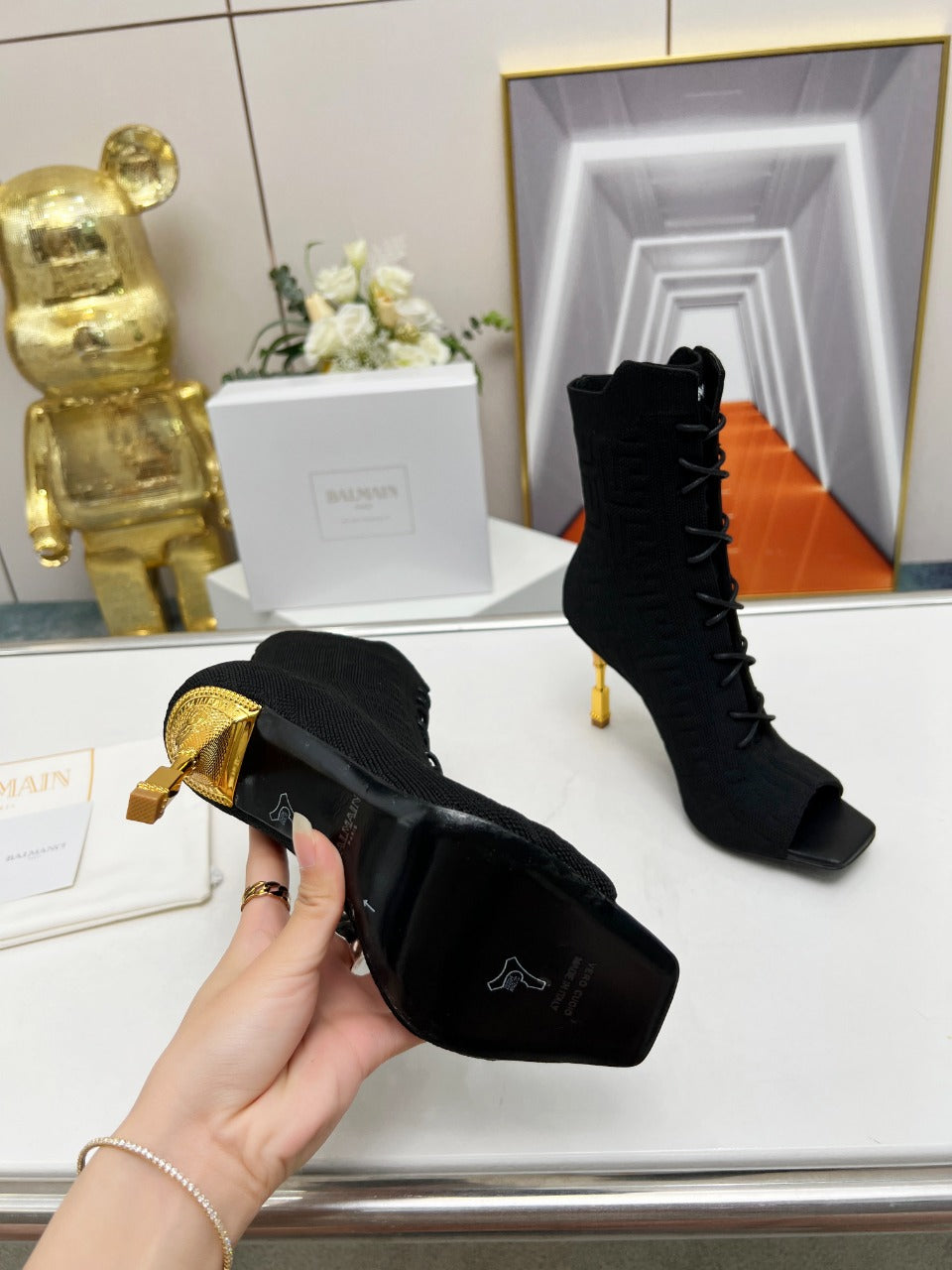 BALMAIN 26S LACE UP OPEN TOE BOOTS 95 MM IN BLACK FLYKNIT