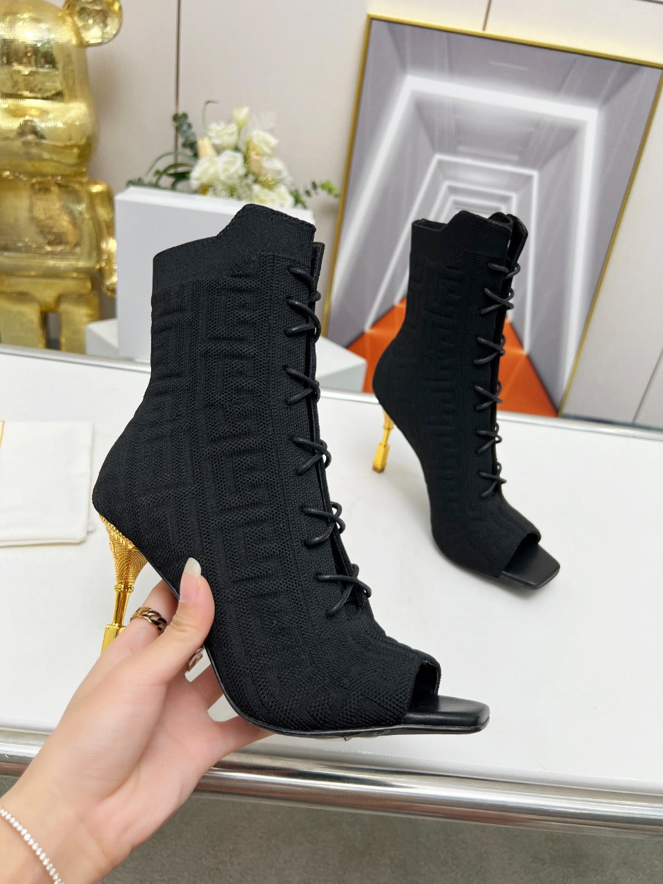 BALMAIN 26S LACE UP OPEN TOE BOOTS 95 MM IN BLACK FLYKNIT