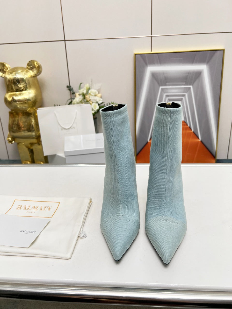 BALMAIN 26S BOOTS 95 MM IN LIGHT BLUE DENIM