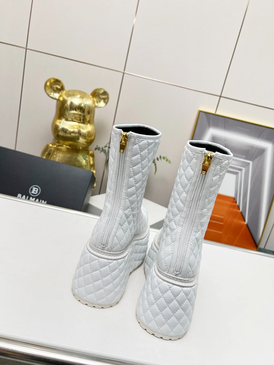 BALMAIN 26S PLATFORM BOOTS 100 MM IN WHITE LAMBSKIN