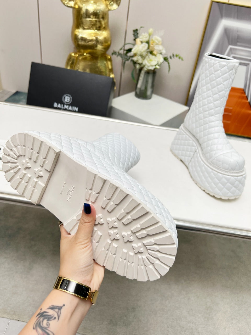 BALMAIN 26S PLATFORM BOOTS 100 MM IN WHITE LAMBSKIN