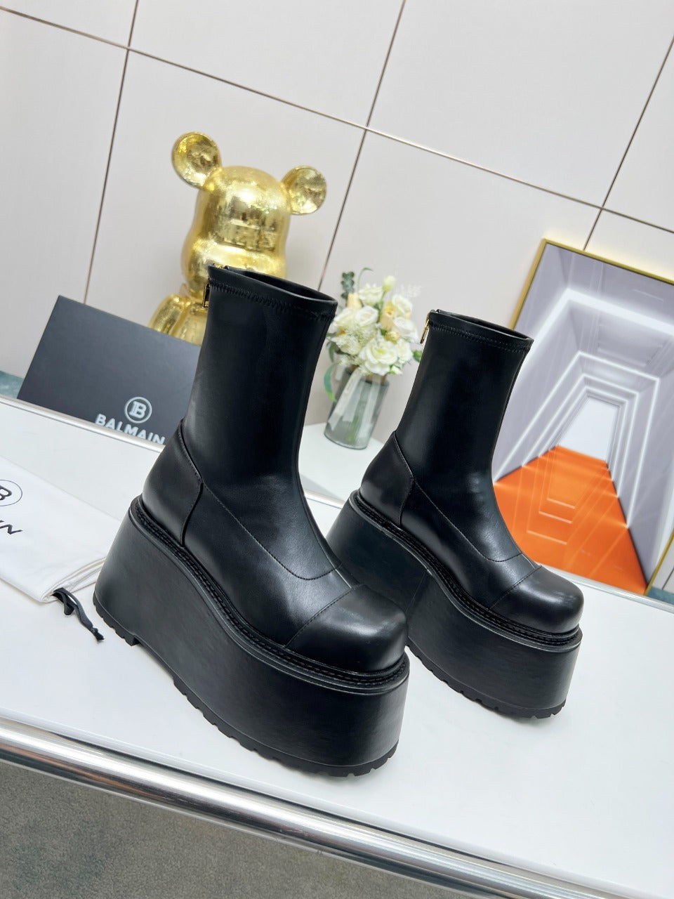 BALMAIN 26S PLATFORM BOOTS 100 MM IN BLACK CALFSKIN