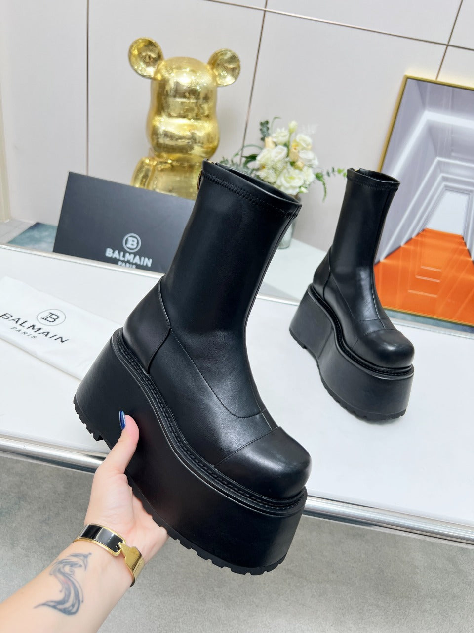 BALMAIN 26S PLATFORM BOOTS 100 MM IN BLACK CALFSKIN