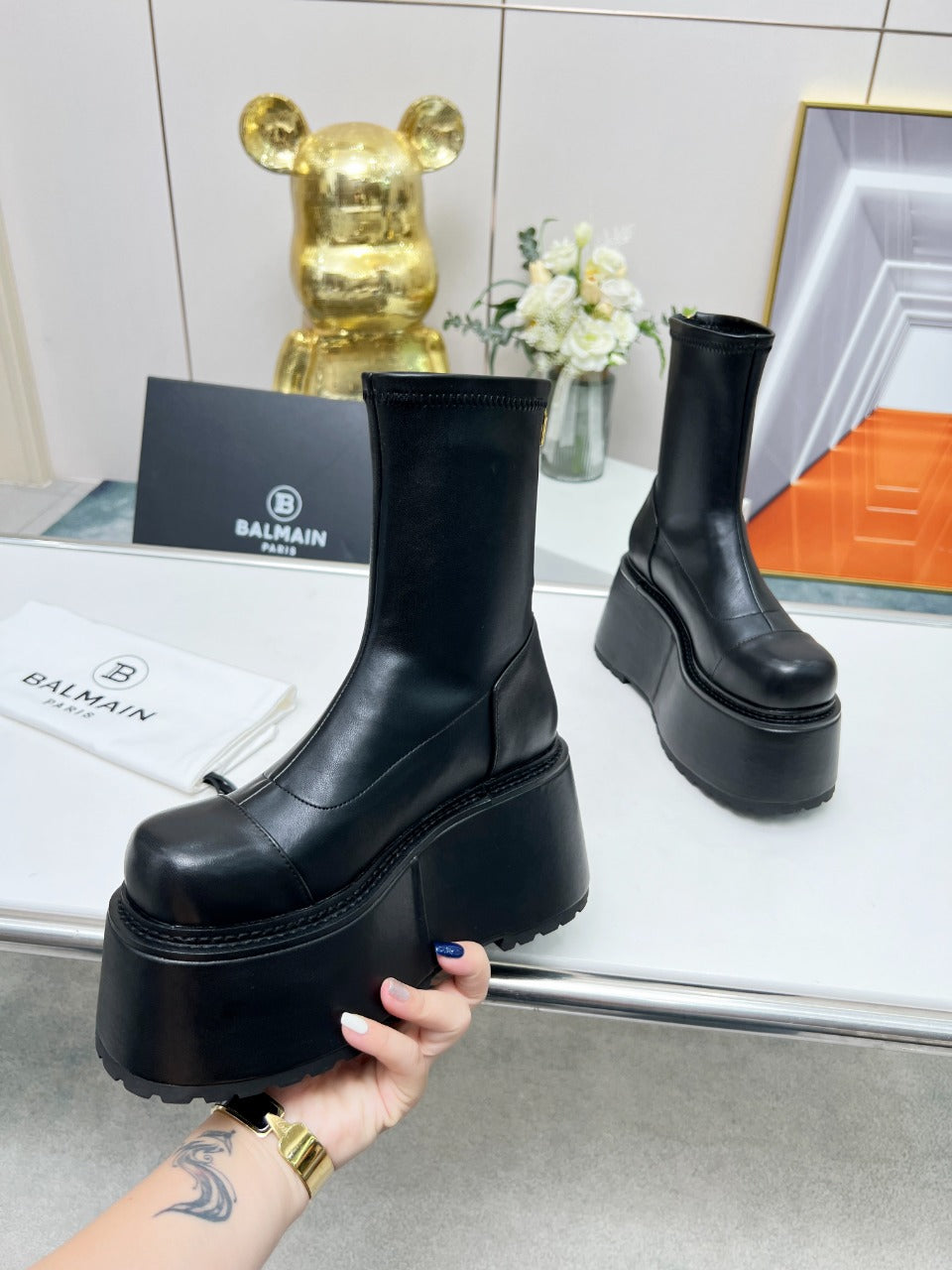 BALMAIN 26S PLATFORM BOOTS 100 MM IN BLACK CALFSKIN