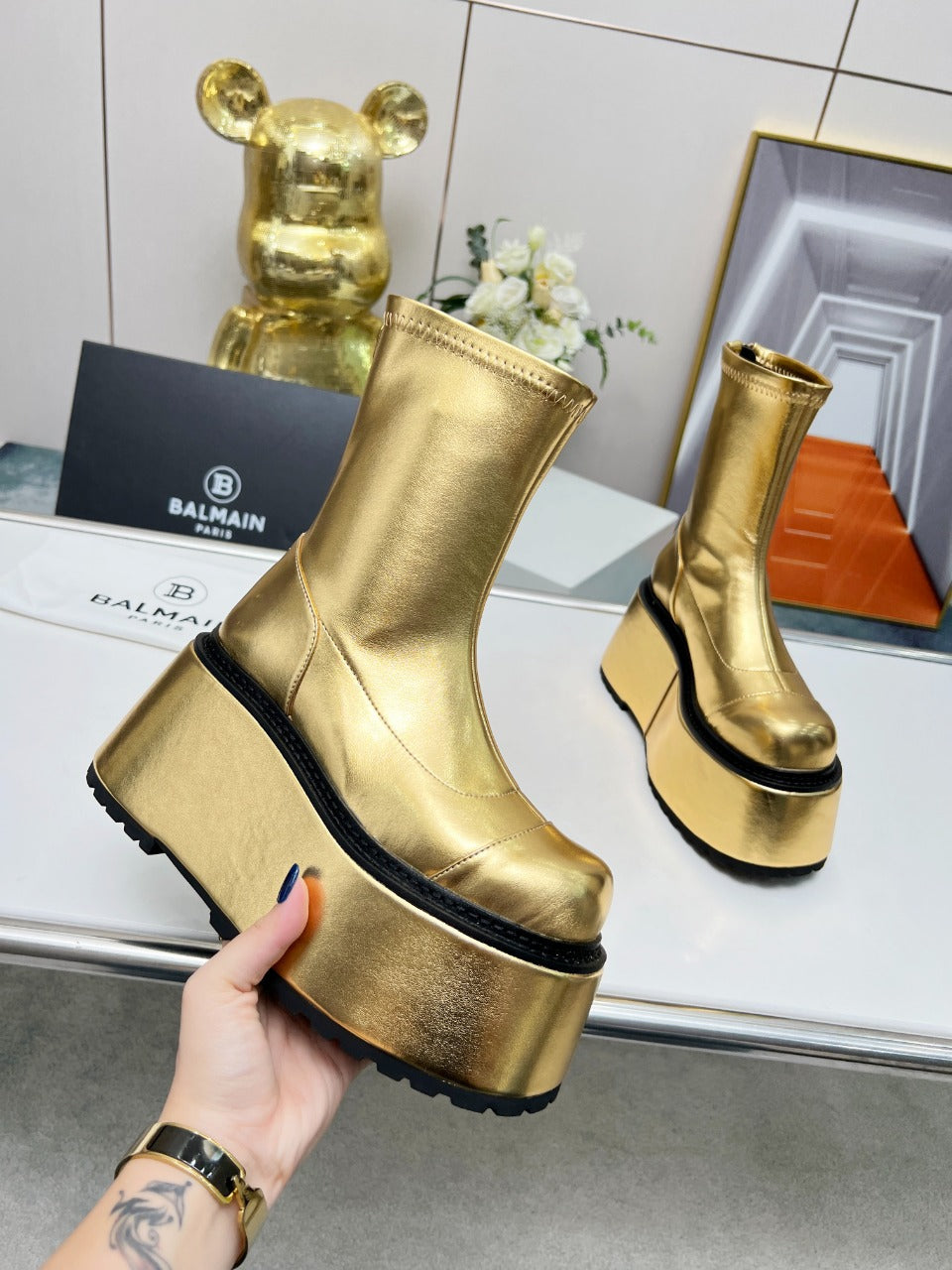BALMAIN 26S PLATFORM BOOTS 100 MM IN GOLD METALLIC CALFSKIN