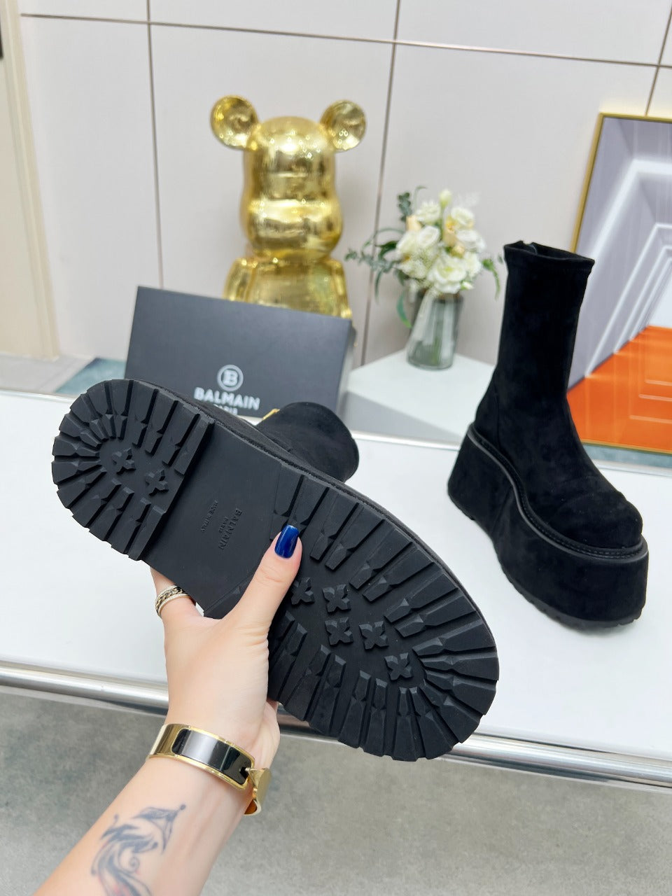 BALMAIN 26S PLATFORM BOOTS 100 MM IN BLACK SUEDE