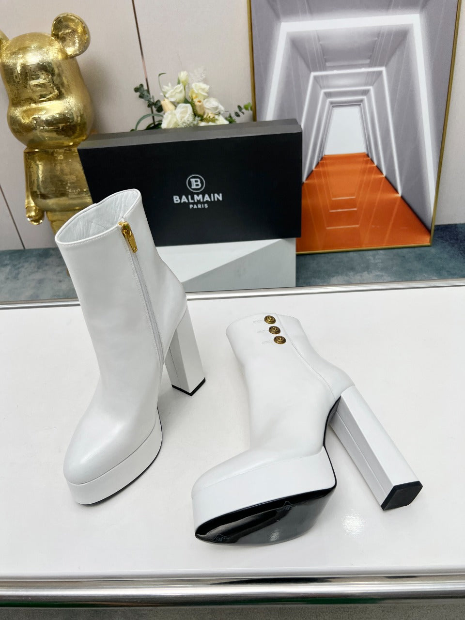 BALMAIN 26S BOOTS 135 MM IN WHITE CALFSKIN
