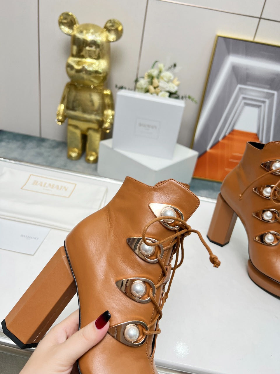 BALMAIN 26S OPEN-TOE BOOTS 115 MM IN BROWN CALFSKIN PEARL-EMBELLISHED