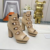 BALMAIN 26S OPEN-TOE BOOTS 115 MM IN DARK BEIGE CALFSKIN PEARL-EMBELLISHED