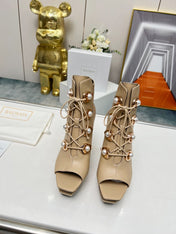 BALMAIN 26S OPEN-TOE BOOTS 115 MM IN DARK BEIGE CALFSKIN PEARL-EMBELLISHED