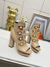 BALMAIN 26S OPEN-TOE BOOTS 115 MM IN DARK BEIGE CALFSKIN PEARL-EMBELLISHED