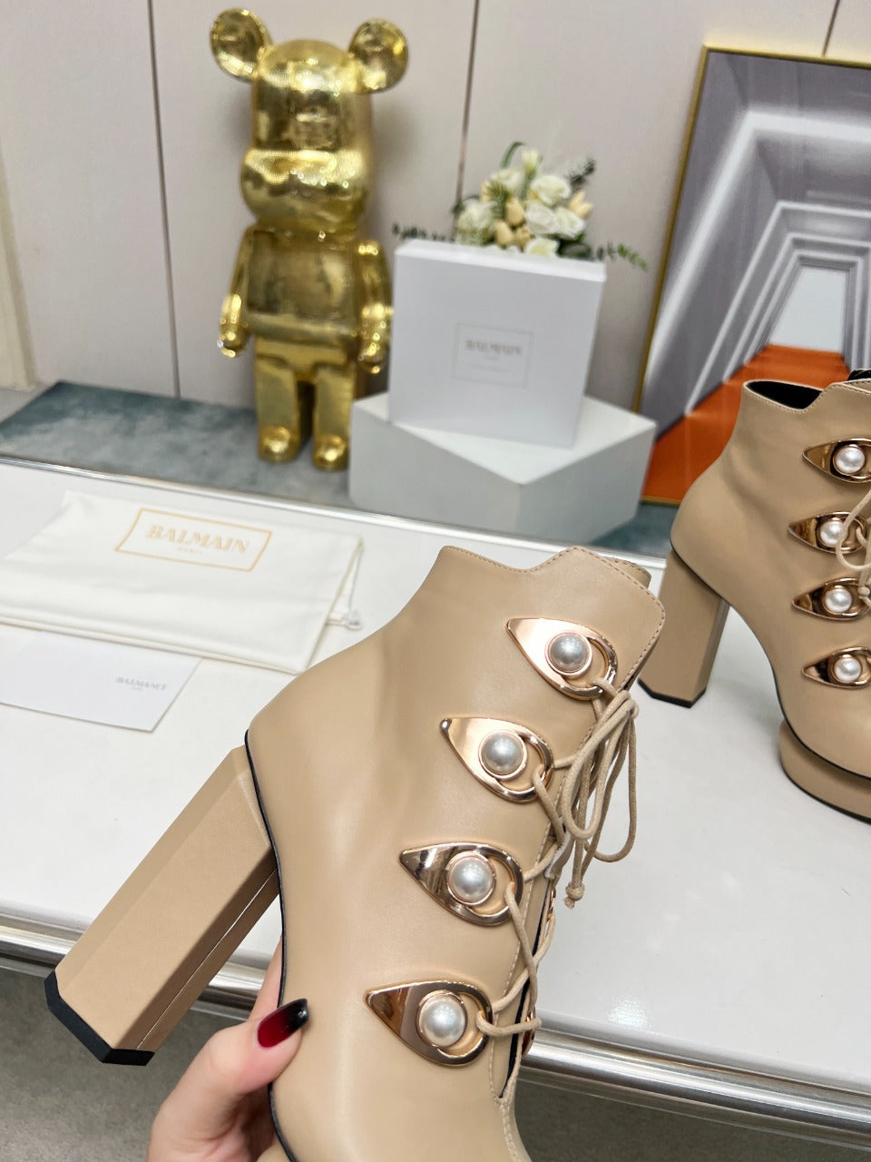 BALMAIN 26S OPEN-TOE BOOTS 115 MM IN DARK BEIGE CALFSKIN PEARL-EMBELLISHED