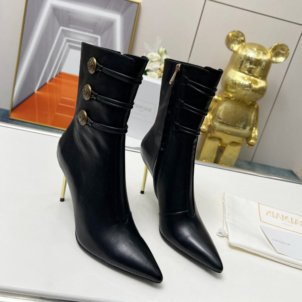 BALMAIN 26S HIGH-HEEL BOOTS 95 MM IN BLACK LAMBSKIN
