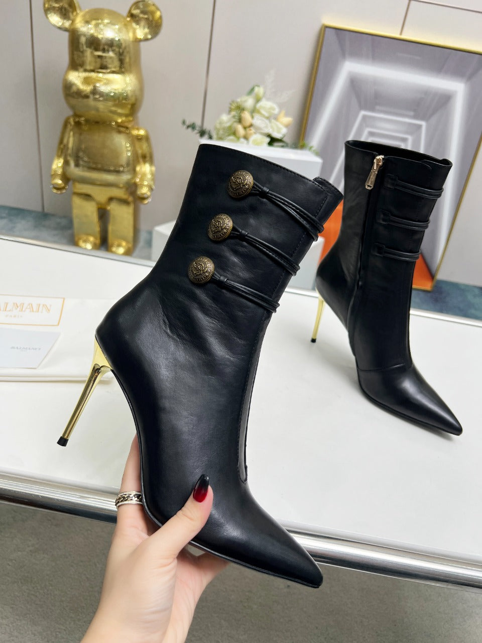 BALMAIN 26S HIGH-HEEL BOOTS 95 MM IN BLACK LAMBSKIN