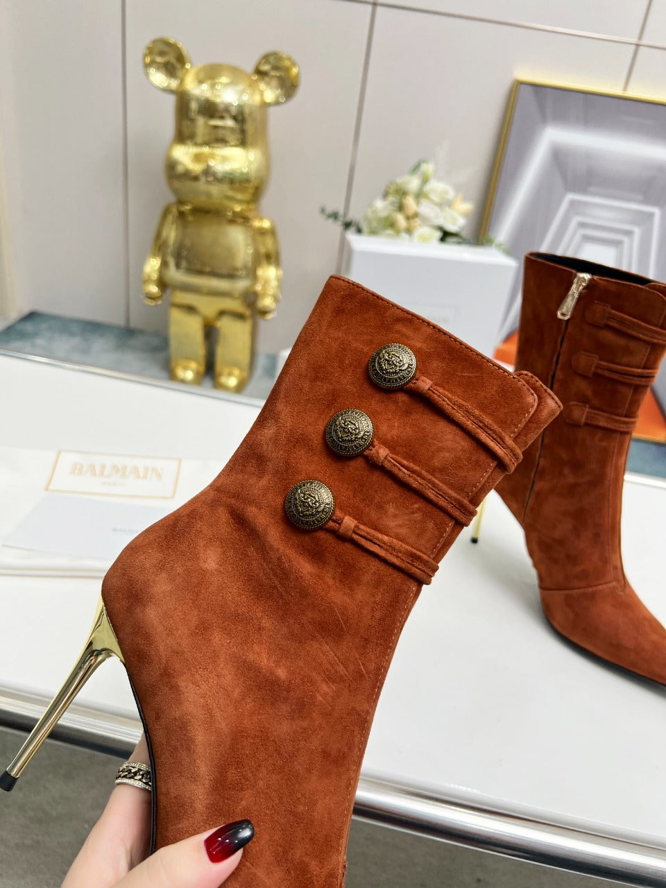 BALMAIN 26S HIGH-HEEL BOOTS 95 MM IN BROWN SUEDE