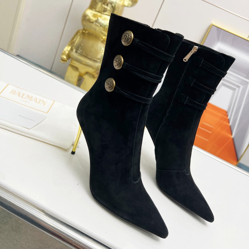 BALMAIN 26S HIGH-HEEL BOOTS 95 MM IN BLACK SUEDE