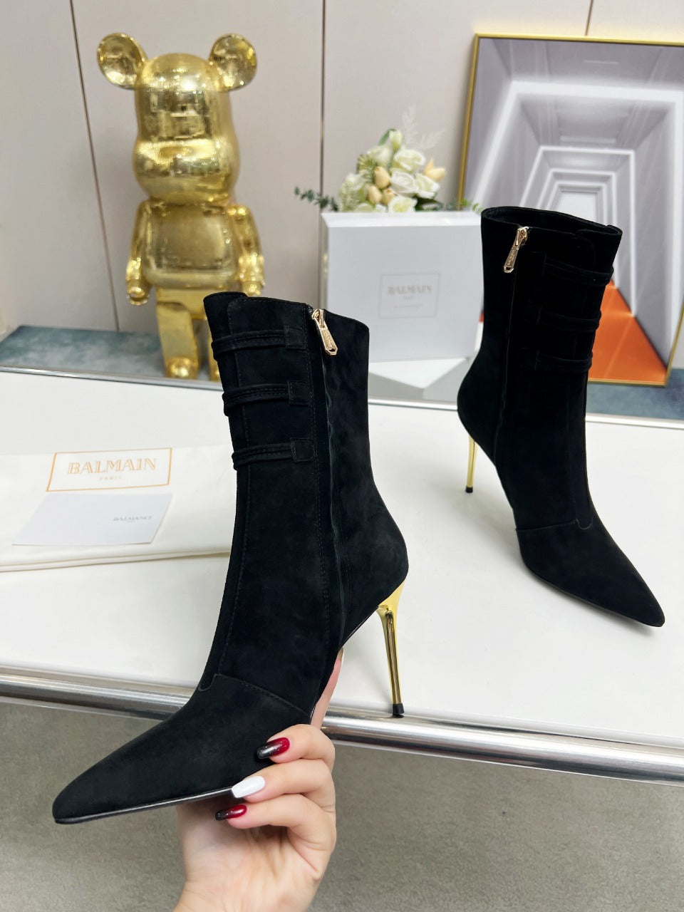 BALMAIN 26S HIGH-HEEL BOOTS 95 MM IN BLACK SUEDE