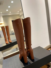 YSL 25S HIGH-HEEL KNEE-HIGH BOOTS 95 MM IN RUST BROWN LAMBSKIN